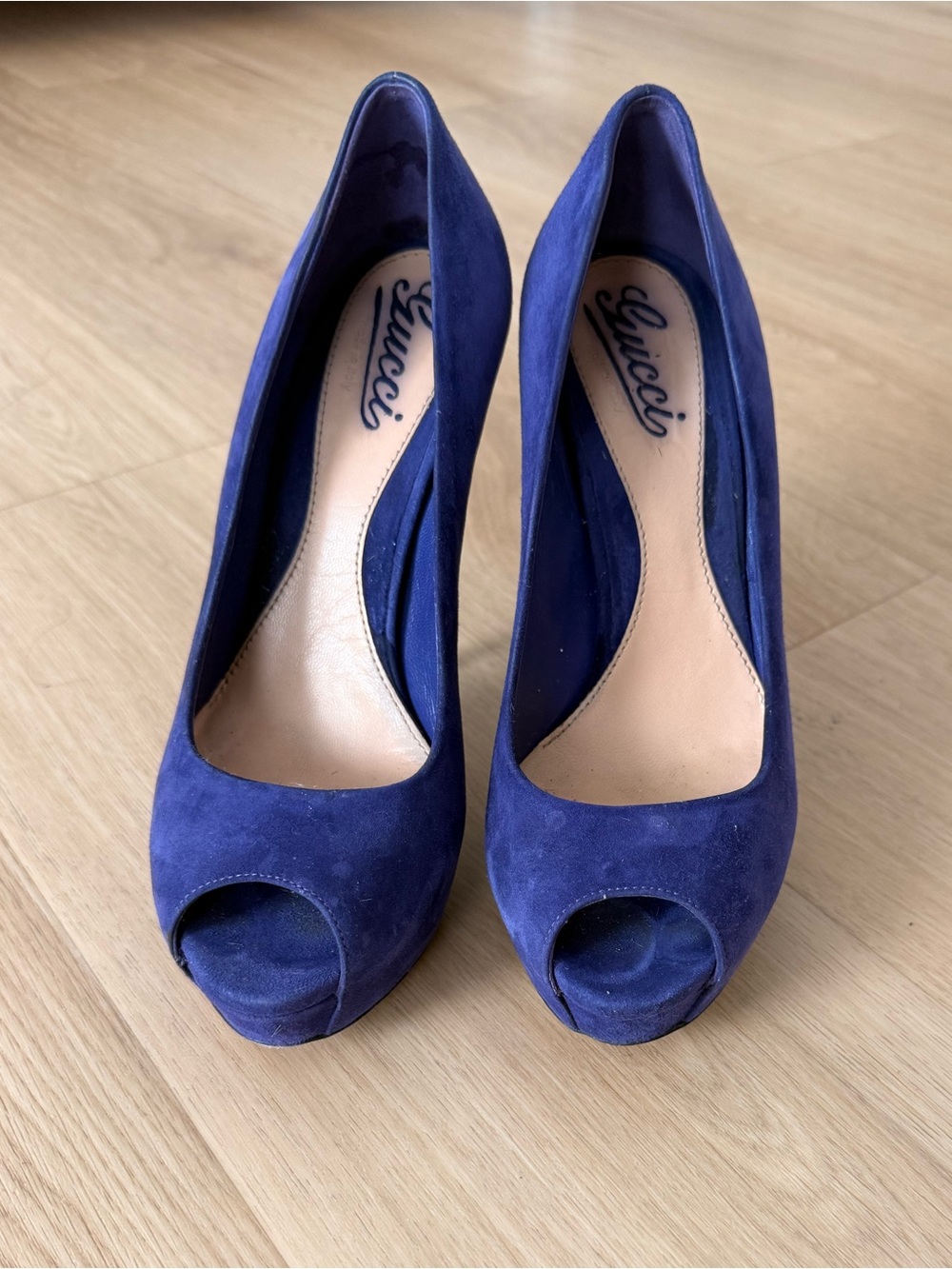 Gucci Royal Blue Suede Peep-Toe Pumps